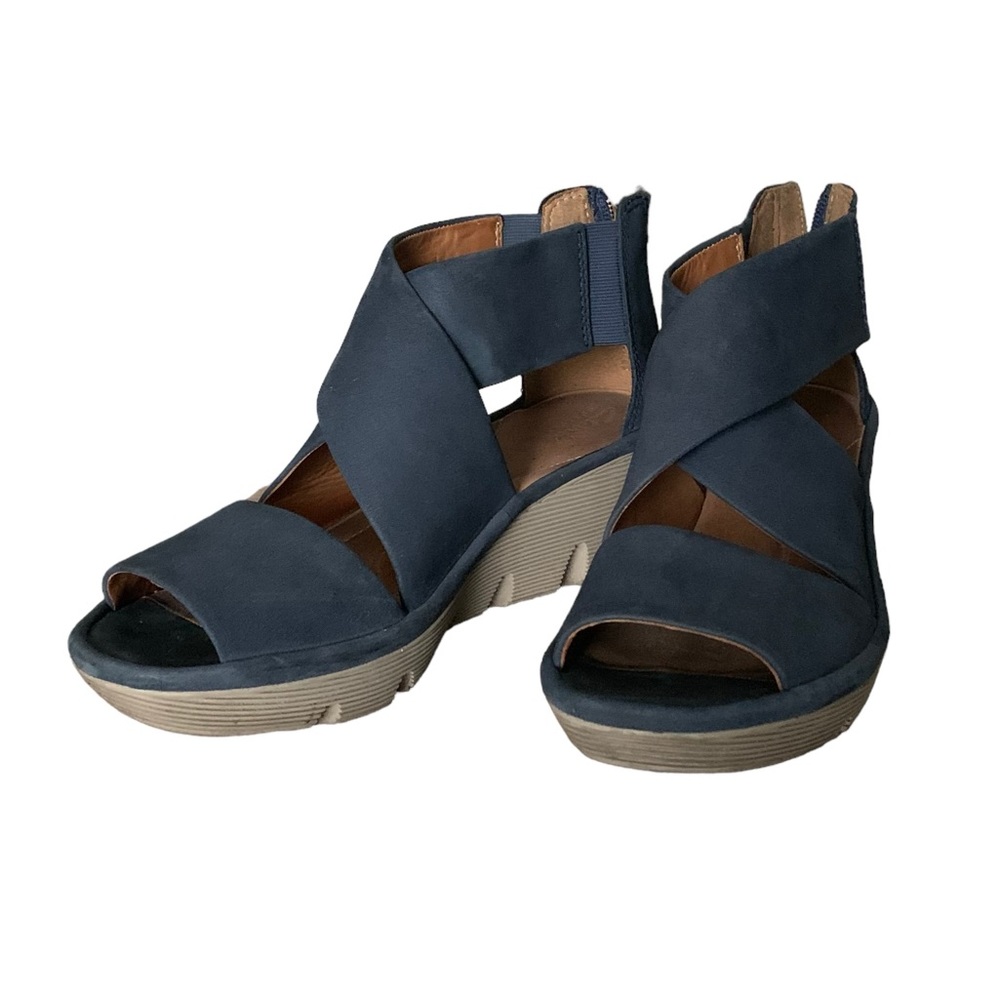 Clarks wedge sandal in navy blue suede open toe strappy heel